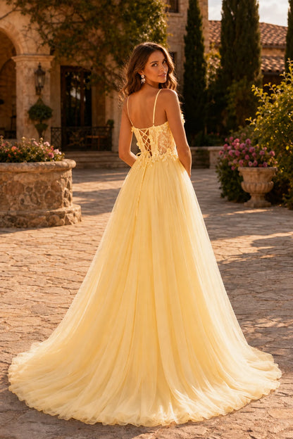 Xelora Floral Applique Tulle A-Line Prom Dress with Slit in Champagne Gold prom gown, back view