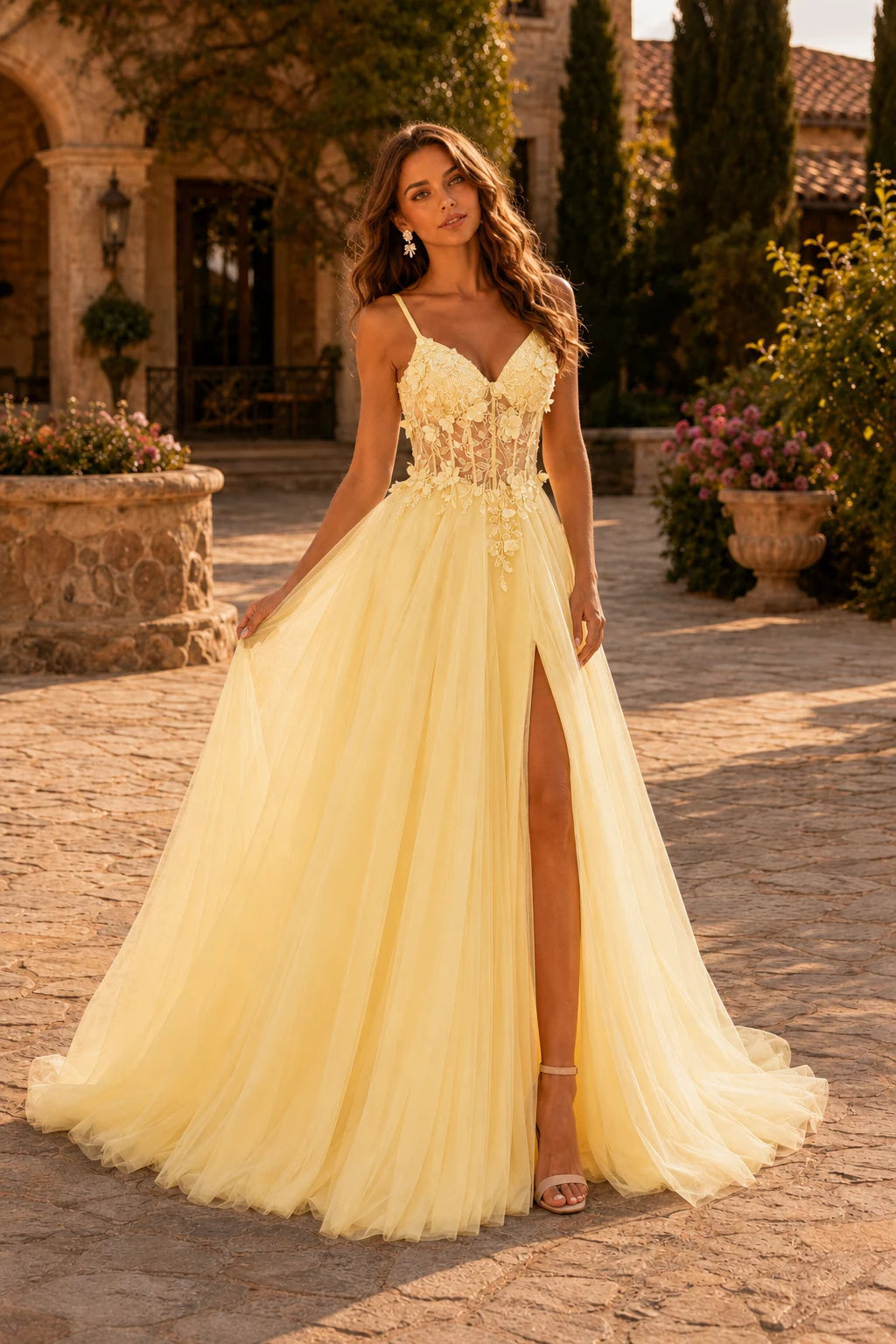 Xelora Floral Applique Tulle A-Line Prom Dress with Slit in Champagne Gold prom gown, front view