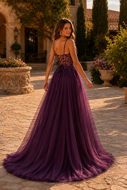 Xelora Floral Applique Tulle A-Line Prom Dress with Slit in Deep Plum prom gown, back view