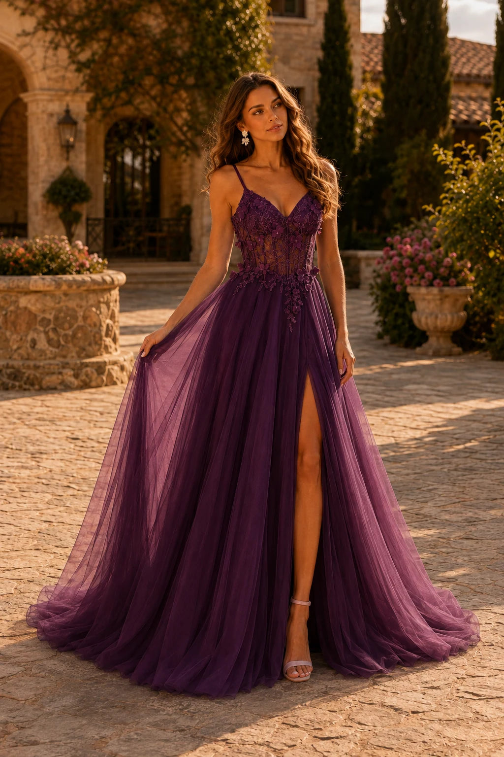 Xelora Floral Applique Tulle A-Line Prom Dress with Slit in Deep Plum prom gown, front view