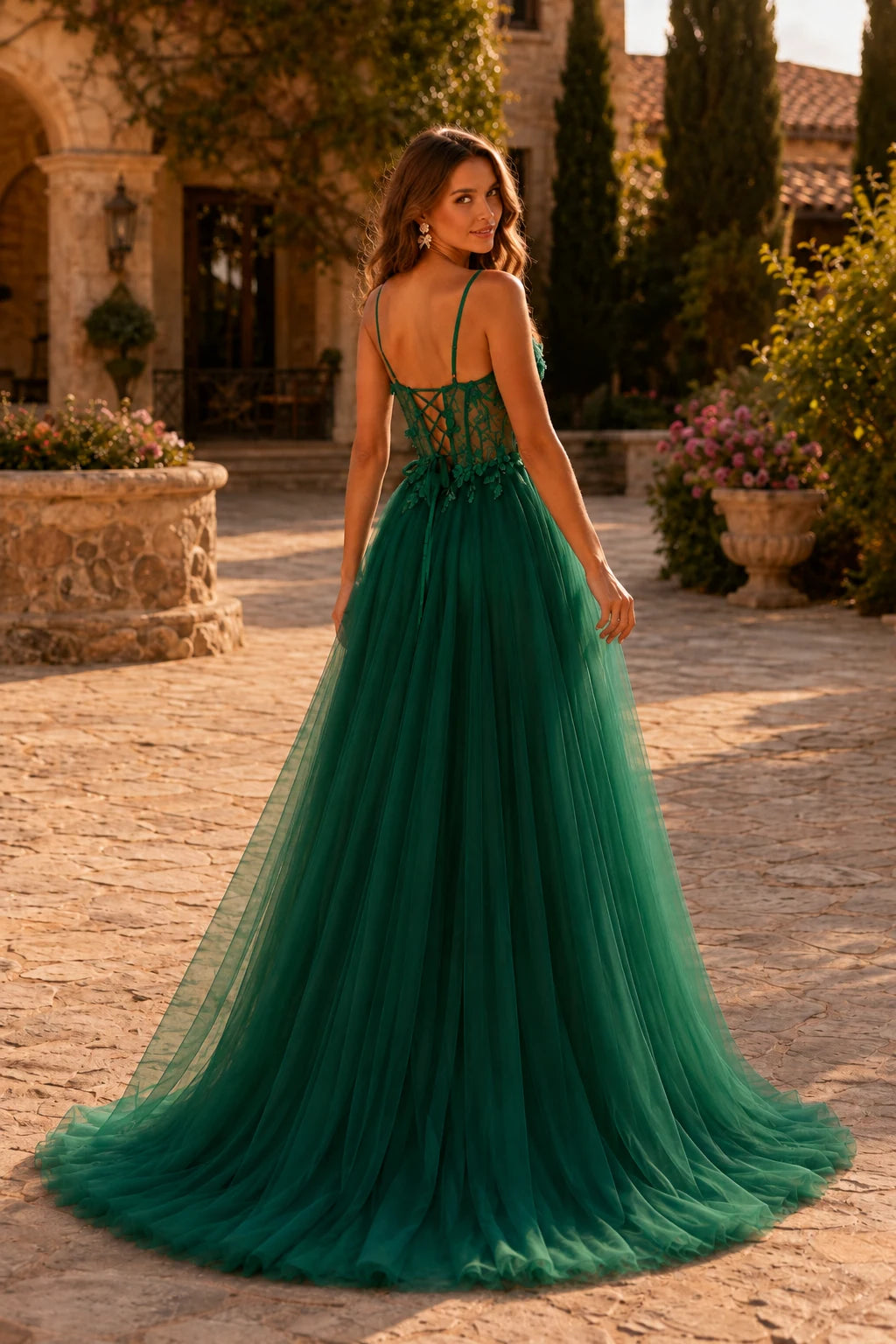 Xelora Floral Applique Tulle A-Line Prom Dress with Slit in Emerald Green prom gown, back view