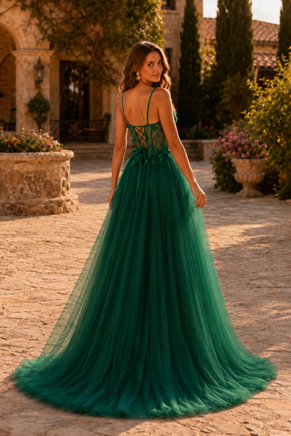 Xelora Floral Applique Tulle A-Line Prom Dress with Slit in Emerald Green prom gown, back view