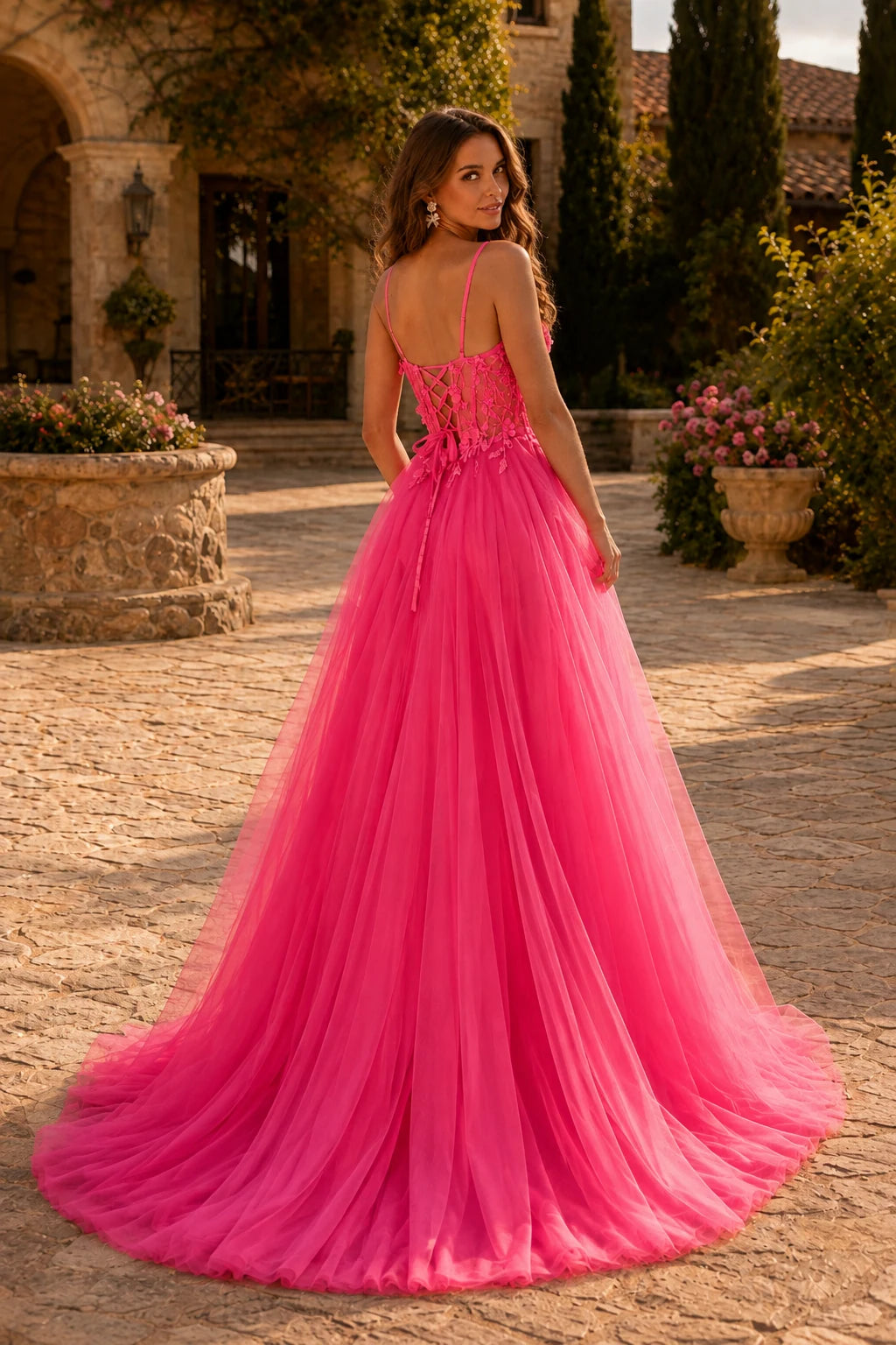 Xelora Floral Applique Tulle A-Line Prom Dress with Slit in Hot Pink prom gown, back view