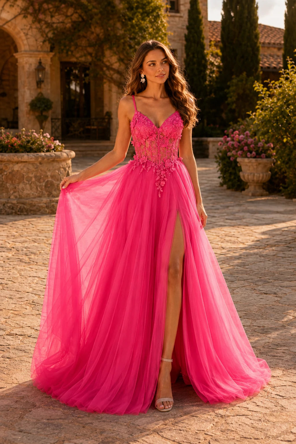 Xelora Floral Applique Tulle A-Line Prom Dress with Slit in Hot Pink prom gown, front view