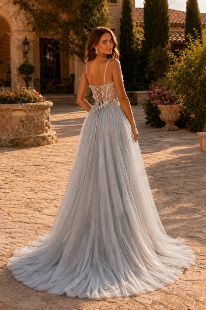 Xelora Floral Applique Tulle A-Line Prom Dress with Slit in Metallic Silver prom gown, back view