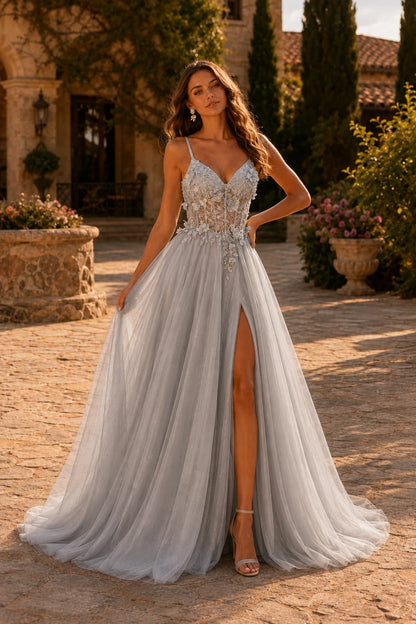 Xelora Floral Applique Tulle A-Line Prom Dress with Slit in Metallic Silver prom gown, front view