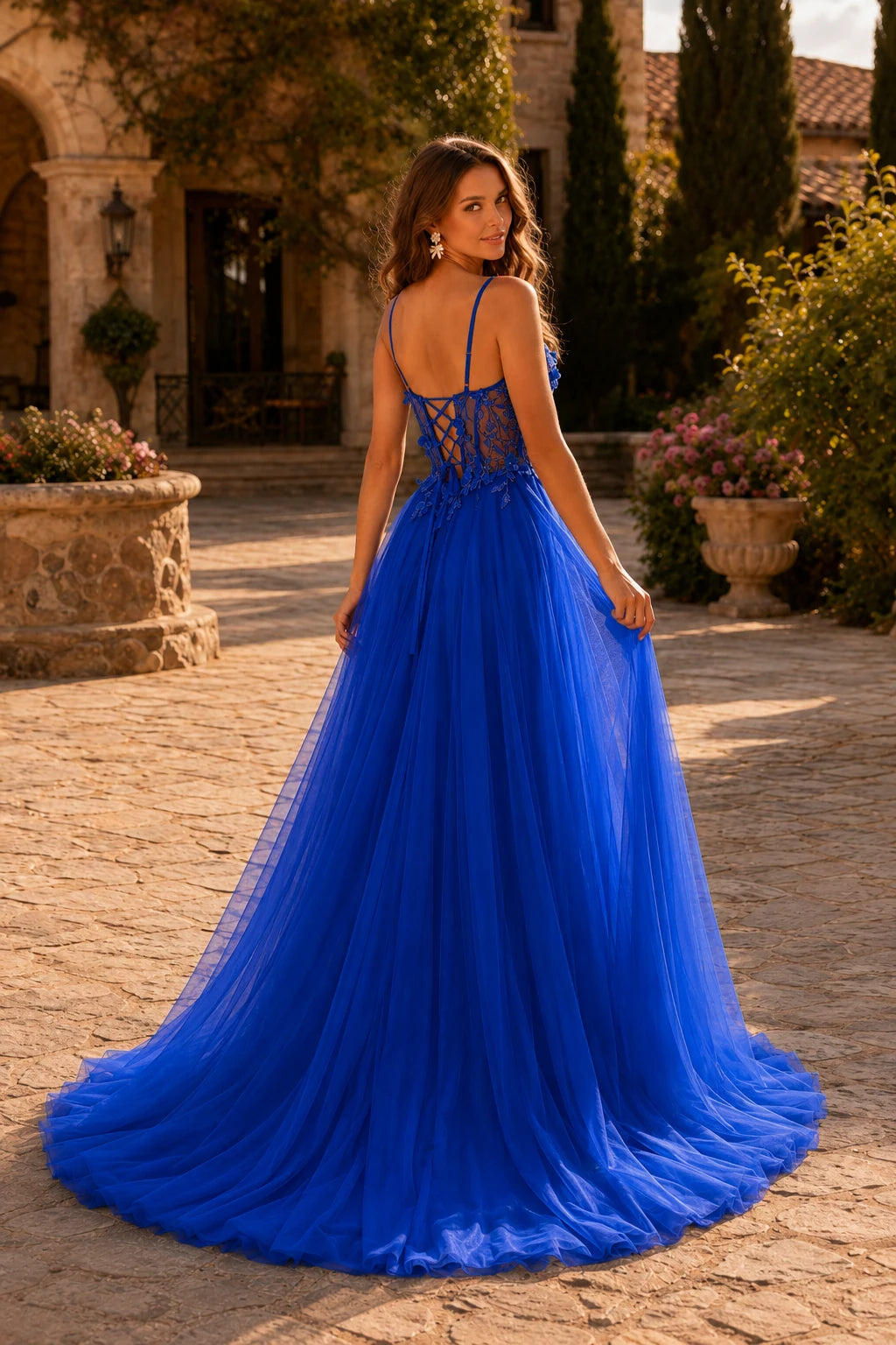 Xelora Floral Applique Tulle A-Line Prom Dress with Slit in Royal Blue prom gown, back view
