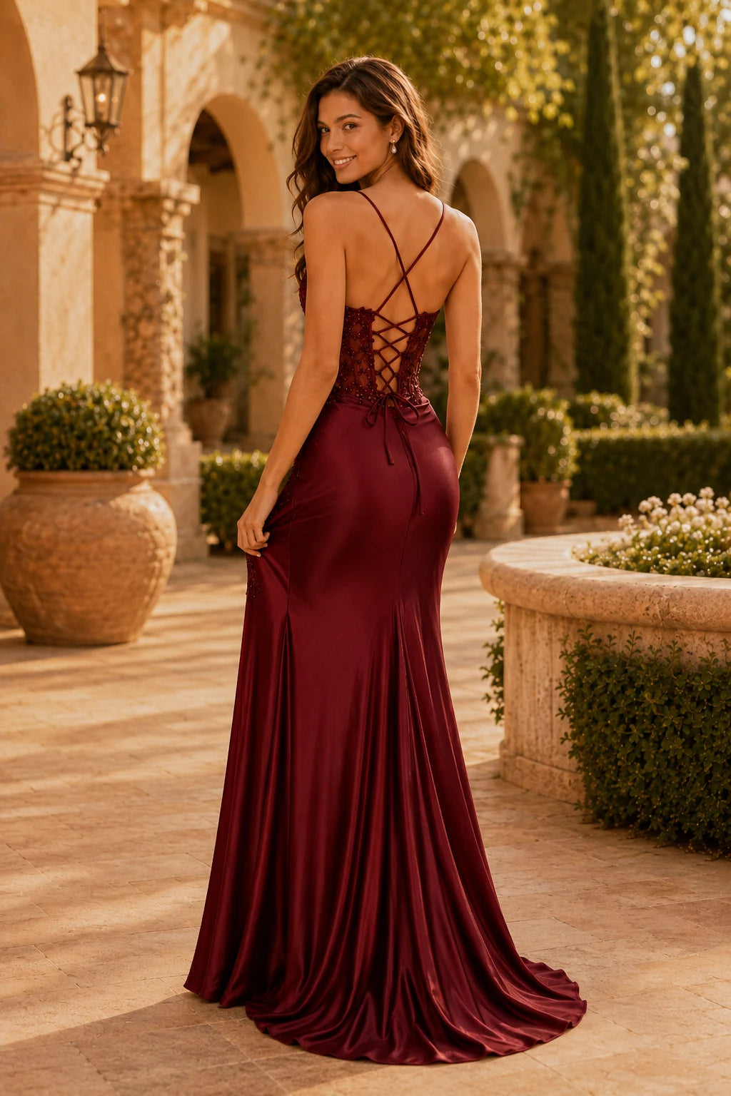 Aurelia Beaded Lace-Up Mermaid Prom Dress with Slit in Burgundy prom gown, back view