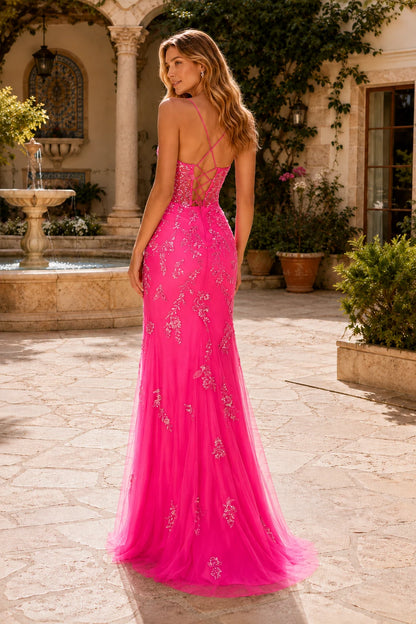 Celestia Sequin Spaghetti-Strap Mermaid Prom Dress with Slit in Hot Pink prom gown, back view