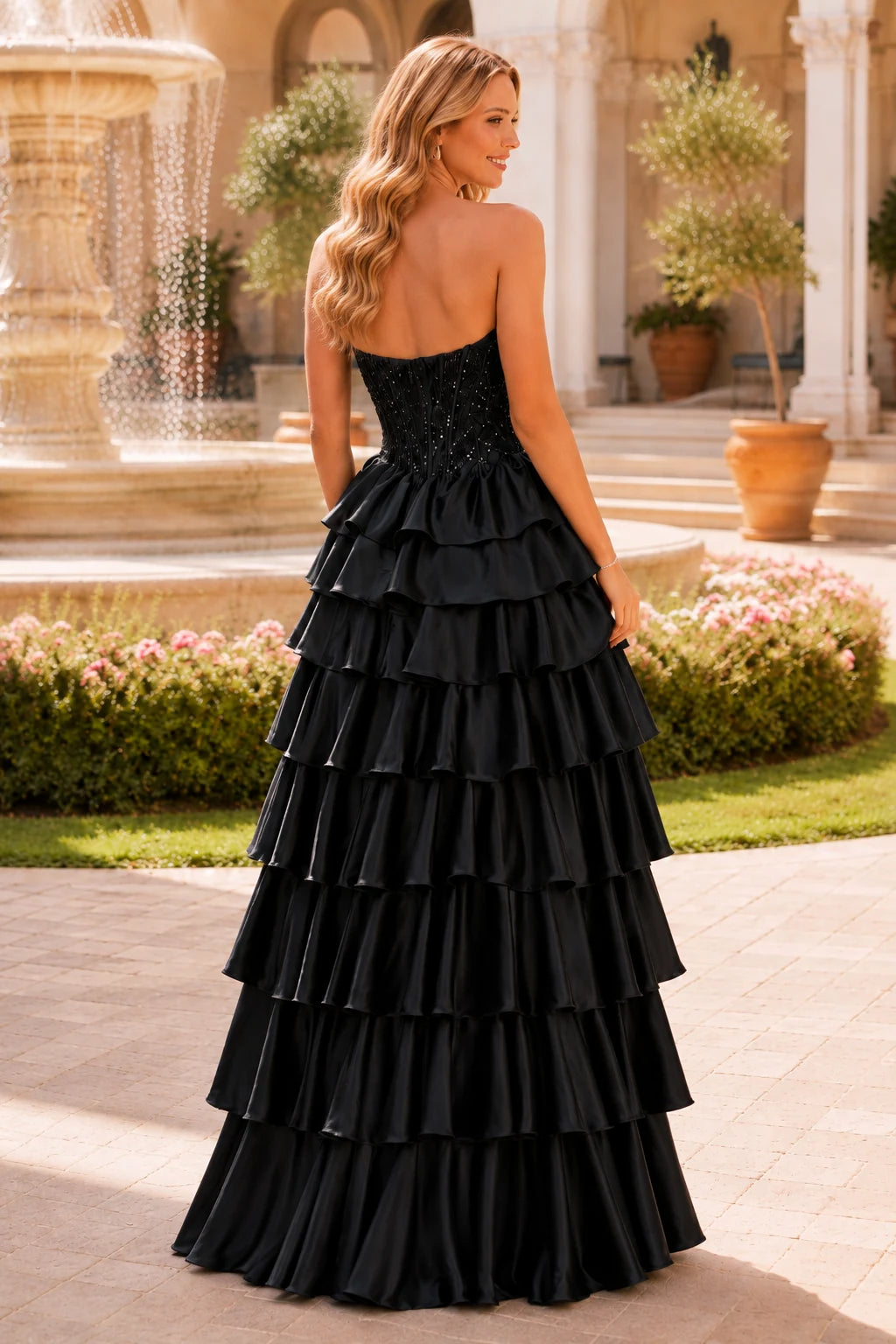 Estelle Strapless Tiered Ruffle Ball Gown Prom Dress in Black prom gown, back view