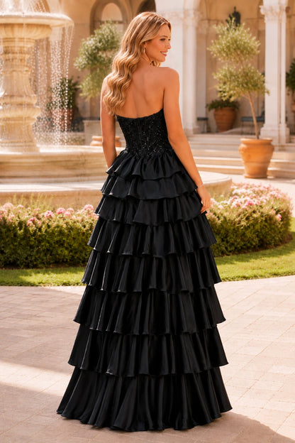 Estelle Strapless Tiered Ruffle Ball Gown Prom Dress in Black prom gown, back view