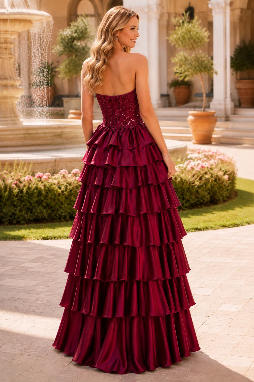 Estelle Strapless Tiered Ruffle Ball Gown Prom Dress in Burgundy prom gown, back view