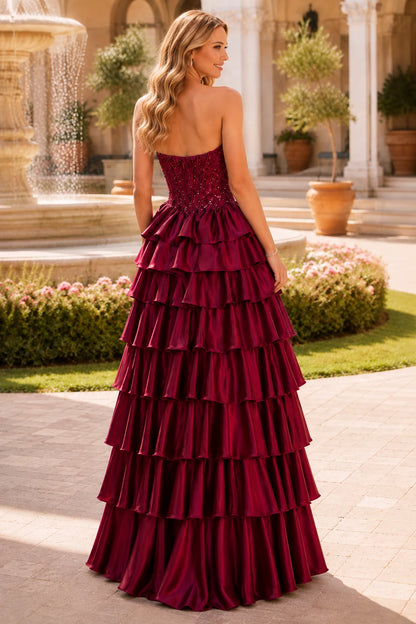Estelle Strapless Tiered Ruffle Ball Gown Prom Dress in Burgundy prom gown, back view