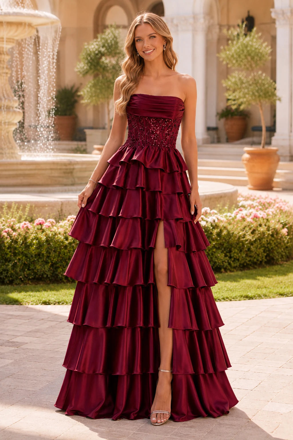 Estelle Strapless Tiered Ruffle Ball Gown Prom Dress in Burgundy prom gown, front view