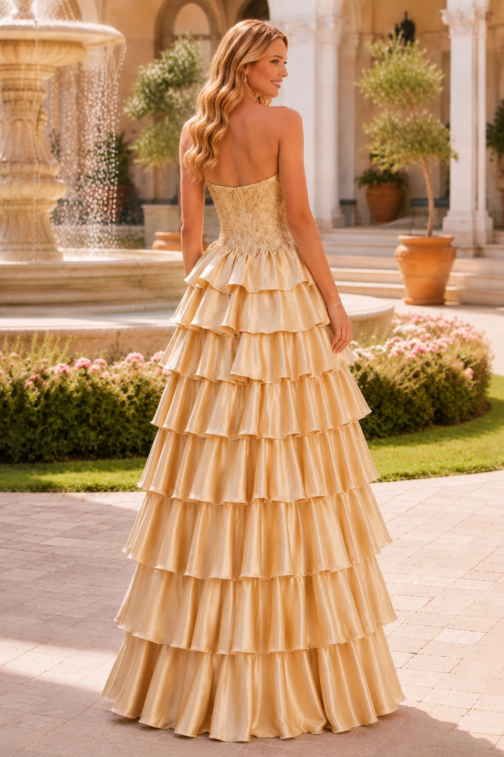 Estelle Strapless Tiered Ruffle Ball Gown Prom Dress in Champagne Gold prom gown, back view