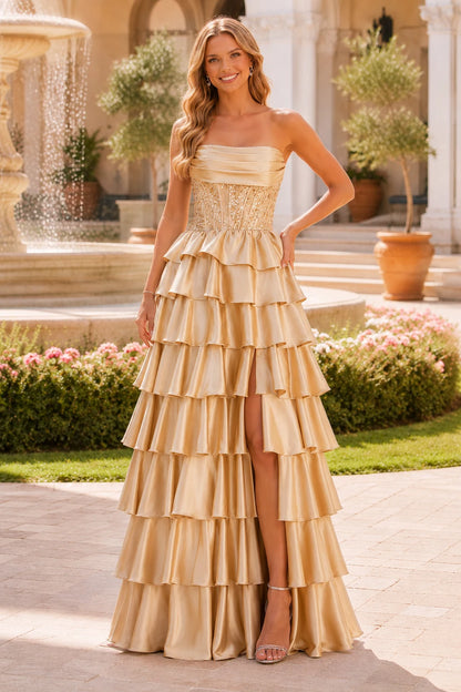 Estelle Strapless Tiered Ruffle Ball Gown Prom Dress in Champagne Gold prom gown, front view