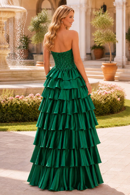 Estelle Strapless Tiered Ruffle Ball Gown Prom Dress in Emerald Green prom gown, back view