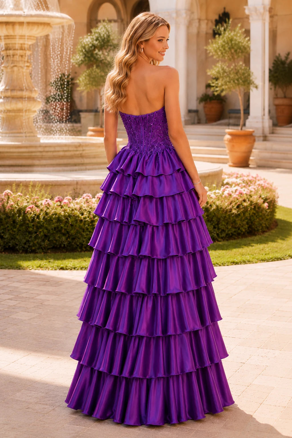 Estelle Strapless Tiered Ruffle Ball Gown Prom Dress in Gemstone Purple prom gown, back view