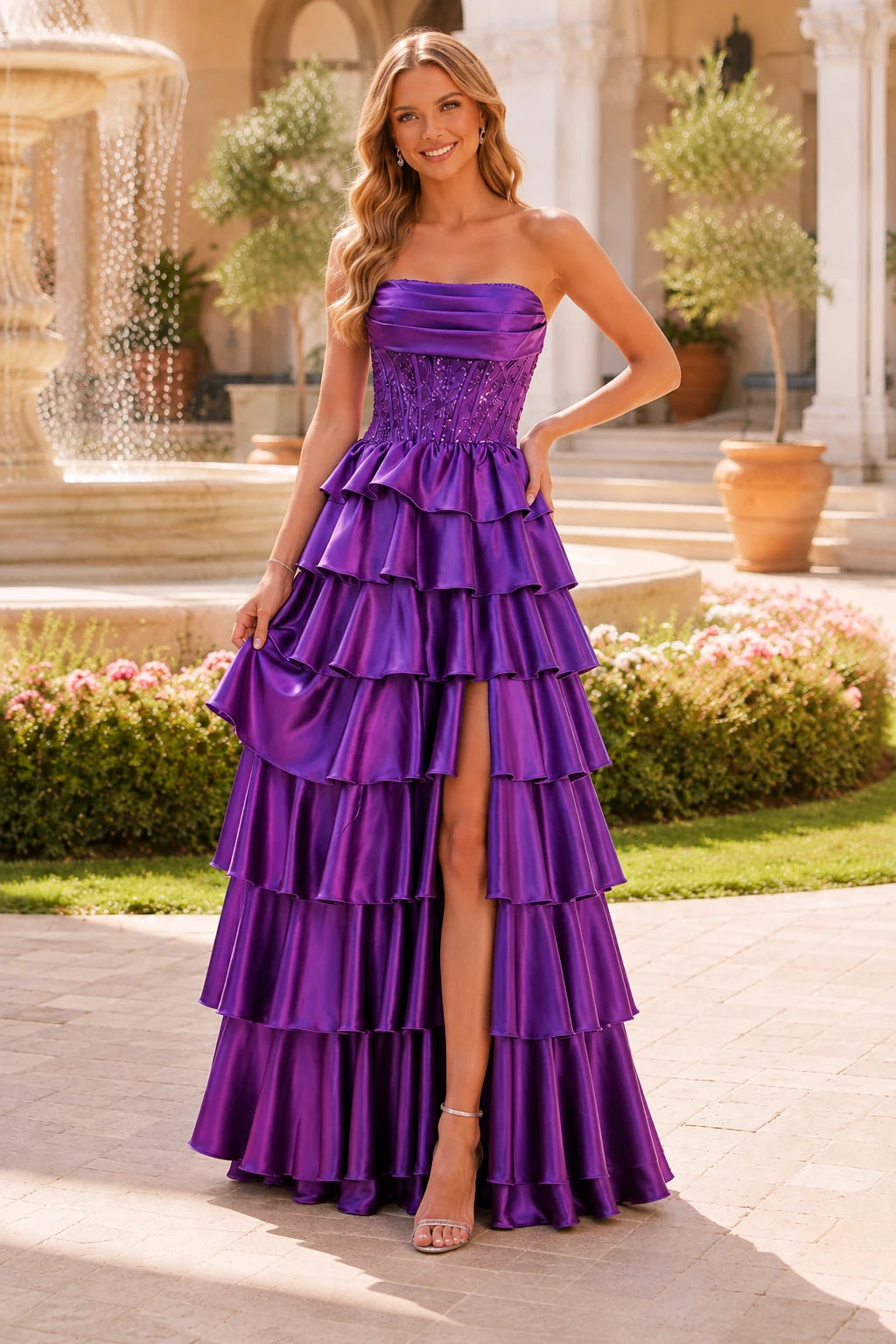 Estelle Strapless Tiered Ruffle Ball Gown Prom Dress in Gemstone Purple prom gown, front view