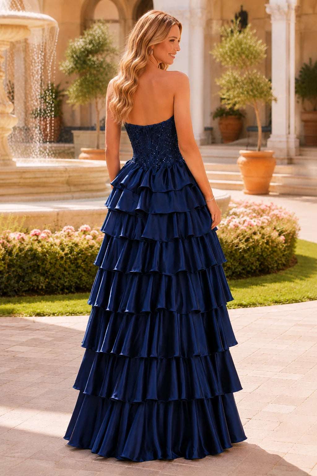 Estelle Strapless Tiered Ruffle Ball Gown Prom Dress in Midnight Navy prom gown, back view
