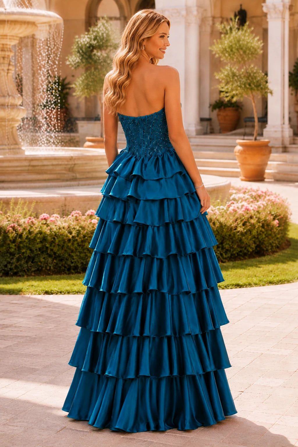 Estelle Strapless Tiered Ruffle Ball Gown Prom Dress in Peacock Teal prom gown, back view