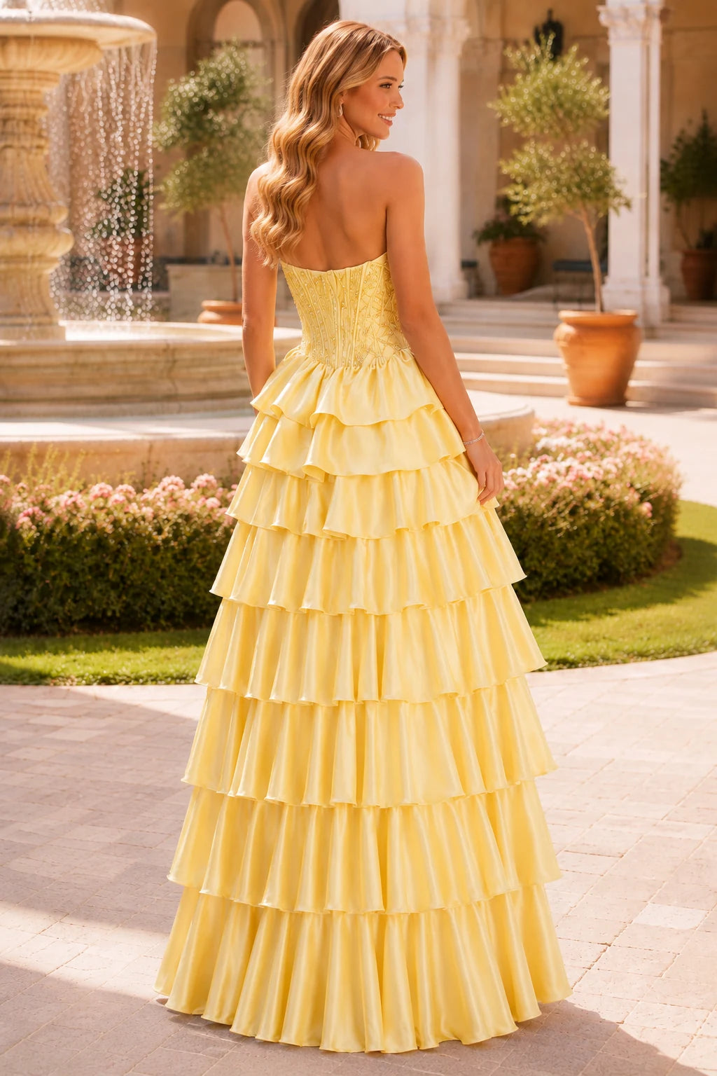 Estelle Strapless Tiered Ruffle Ball Gown Prom Dress in Yellow prom gown, back view