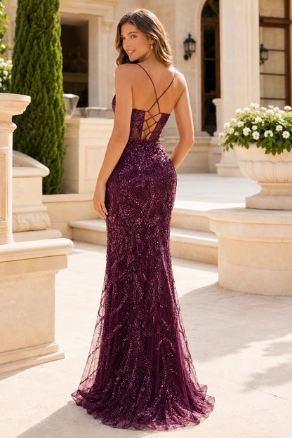 Astraea Sequin Spaghetti-Strap Mermaid Prom Dress with Slit in Deep Plum prom gown, back view