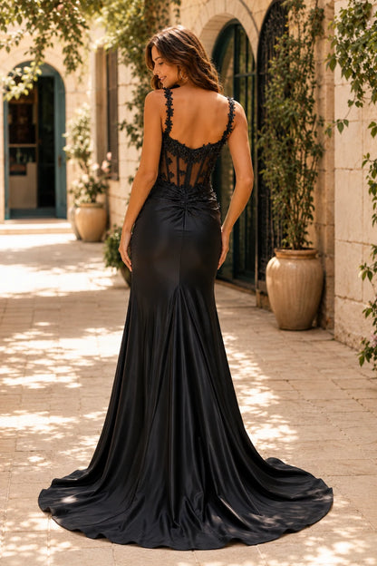 Oriana Beaded Corset Mermaid Prom Dress with Slit in Black prom gown, back view