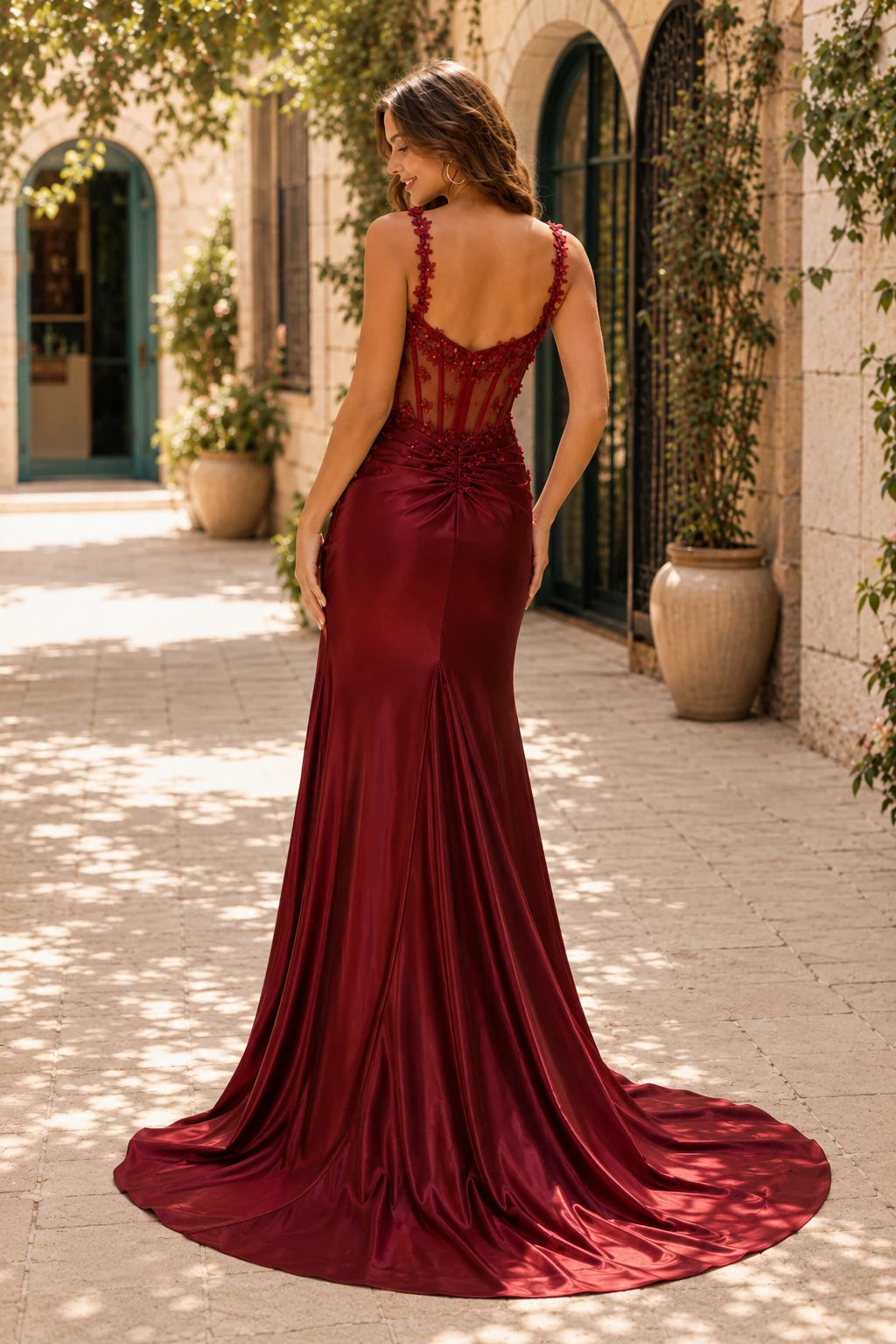 Oriana Beaded Corset Mermaid Prom Dress with Slit in Burgundy prom gown, back view