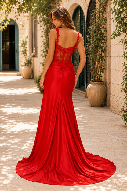 Oriana Beaded Corset Mermaid Prom Dress with Slit in Cherry Red prom gown, back view