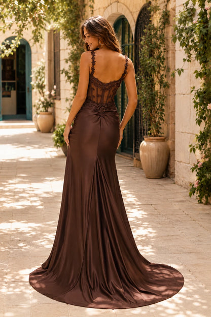 Oriana Beaded Corset Mermaid Prom Dress with Slit in Espresso Brown prom gown, back view