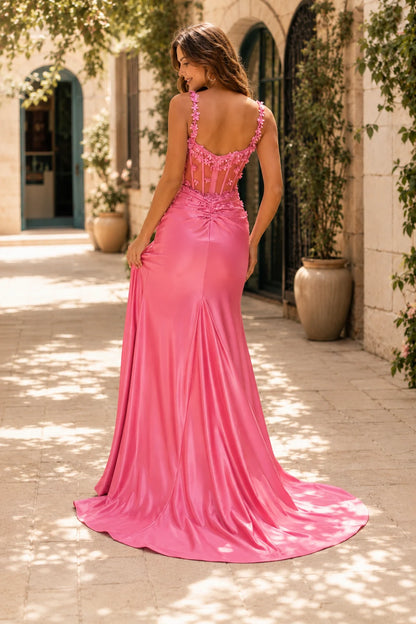 Oriana Beaded Corset Mermaid Prom Dress with Slit in Hot Pink prom gown, back view