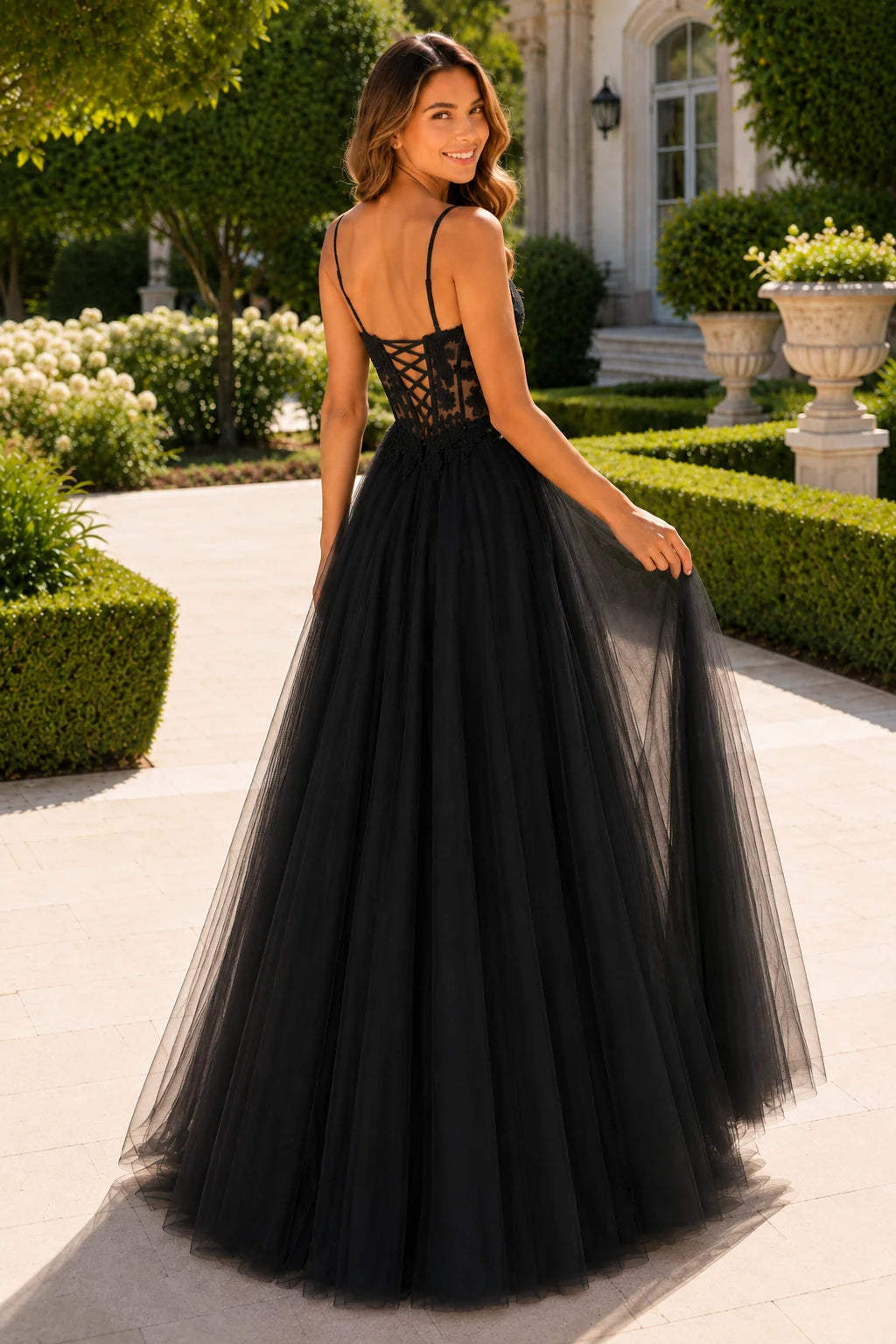 Solara Sweetheart Corset Tulle Ball Gown Prom Dress in Black prom gown, back view