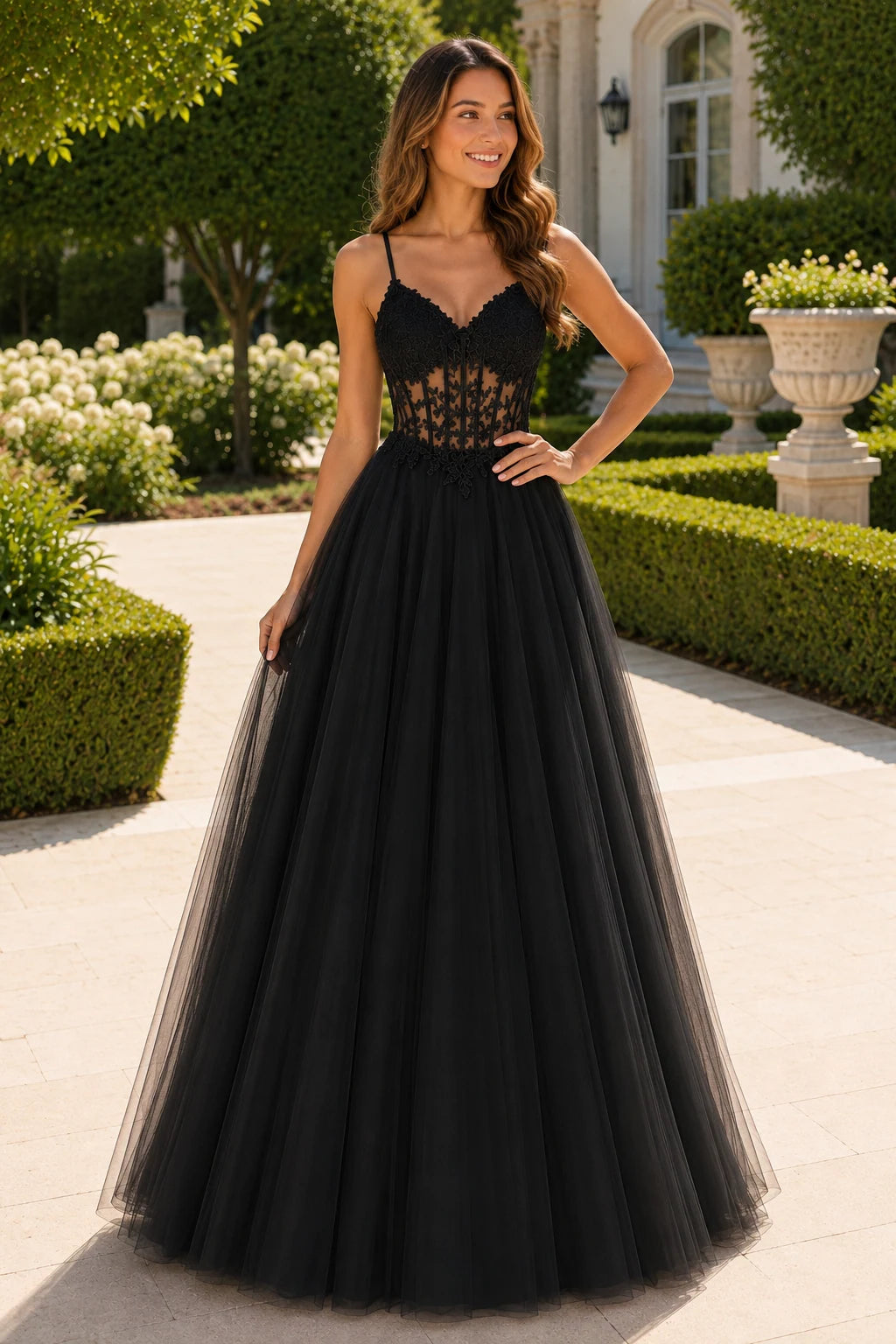 Solara Sweetheart Corset Tulle Ball Gown Prom Dress in Black prom gown, front view