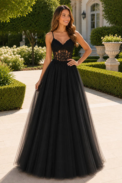 Solara Sweetheart Corset Tulle Ball Gown Prom Dress in Black prom gown, front view