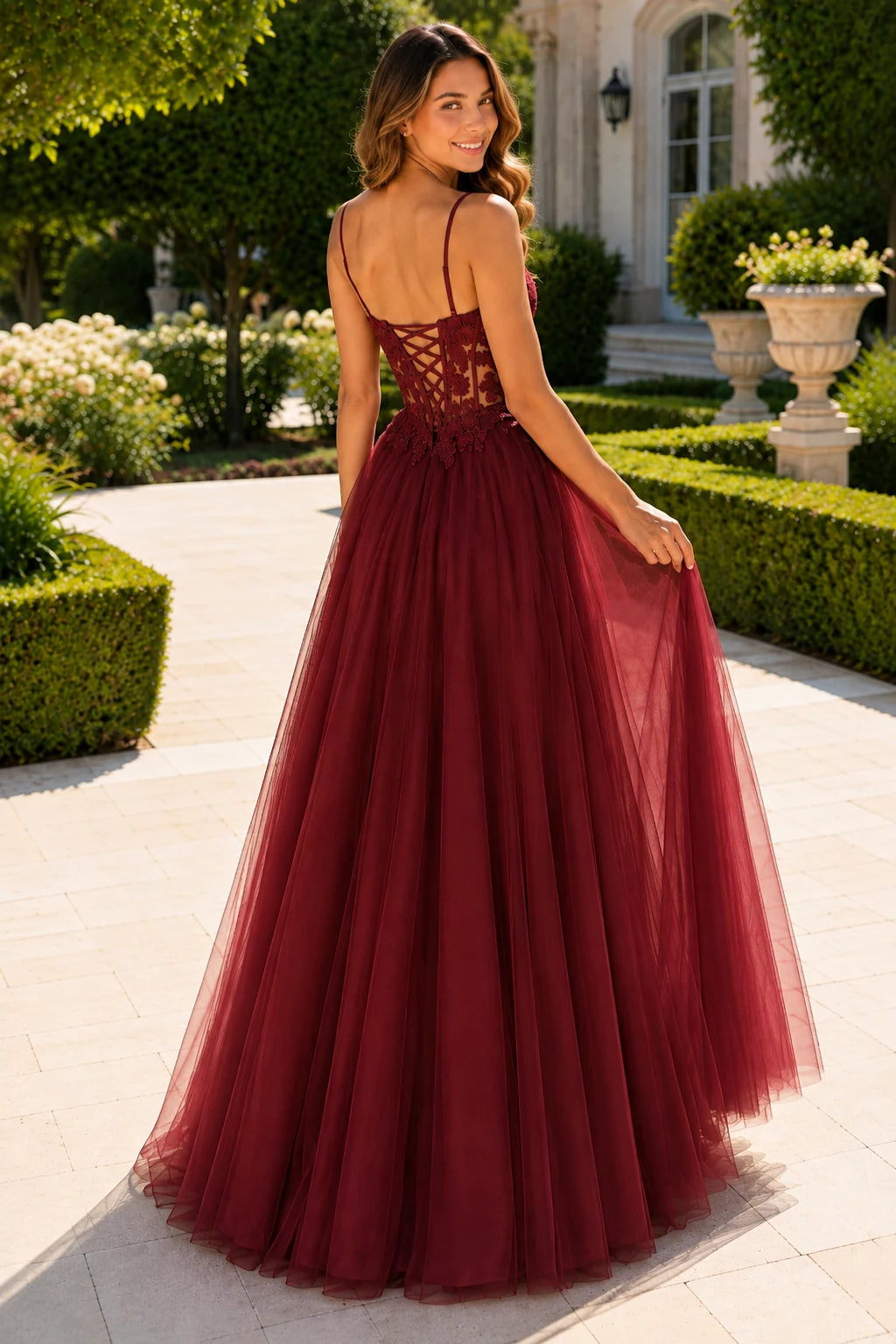 Solara Sweetheart Corset Tulle Ball Gown Prom Dress in Burgundy prom gown, back view