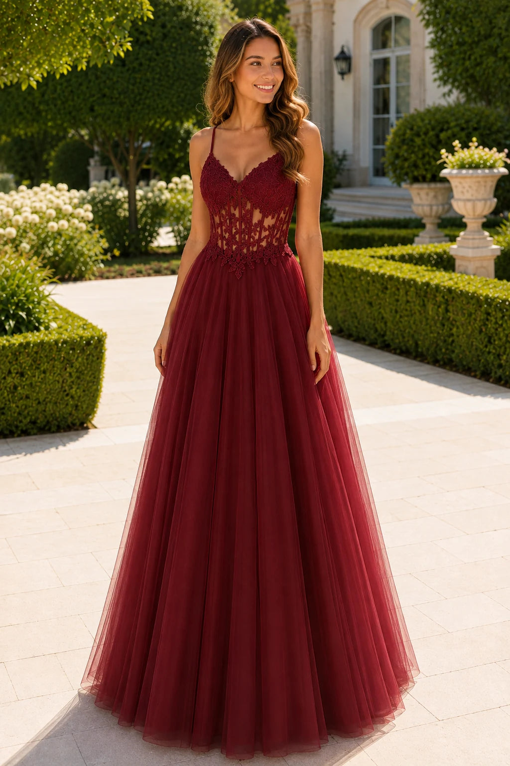 Solara Sweetheart Corset Tulle Ball Gown Prom Dress in Burgundy prom gown, front view