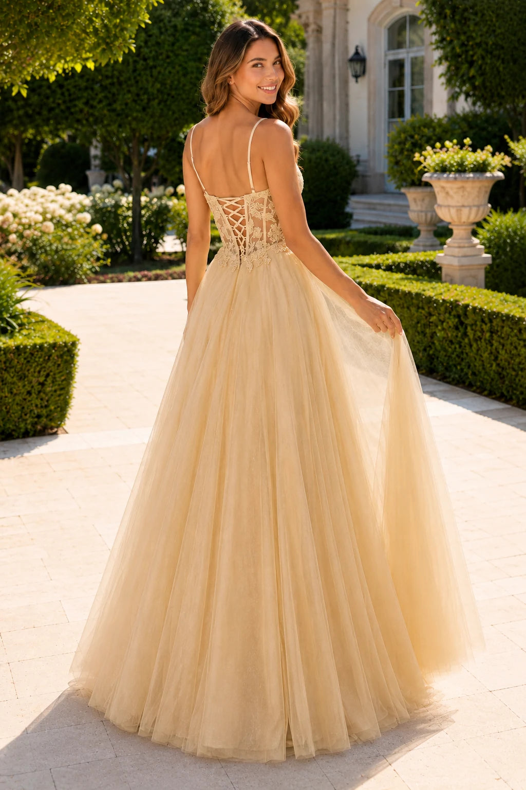 Solara Sweetheart Corset Tulle Ball Gown Prom Dress in Champagne Gold prom gown, back view