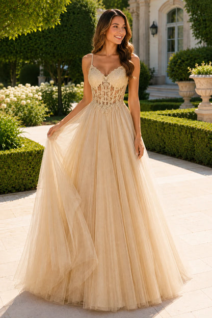 Solara Sweetheart Corset Tulle Ball Gown Prom Dress in Champagne Gold prom gown, front view