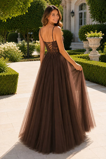 Solara Sweetheart Corset Tulle Ball Gown Prom Dress in Chocolate Brown prom gown, back view