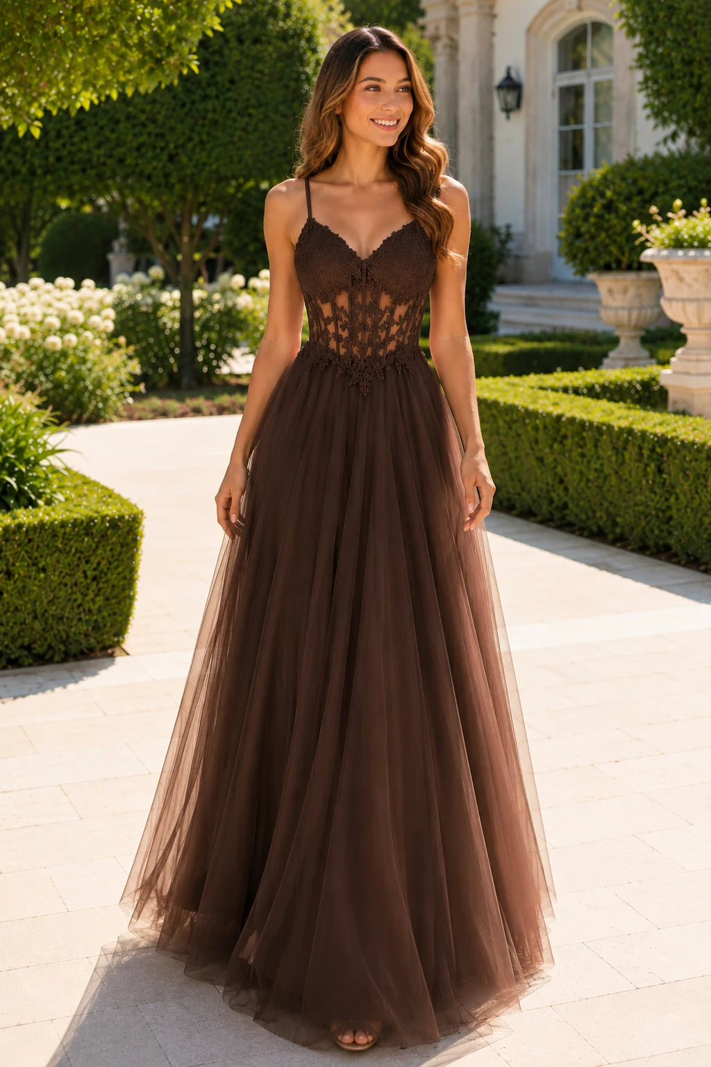 Solara Sweetheart Corset Tulle Ball Gown Prom Dress in Chocolate Brown prom gown, front view