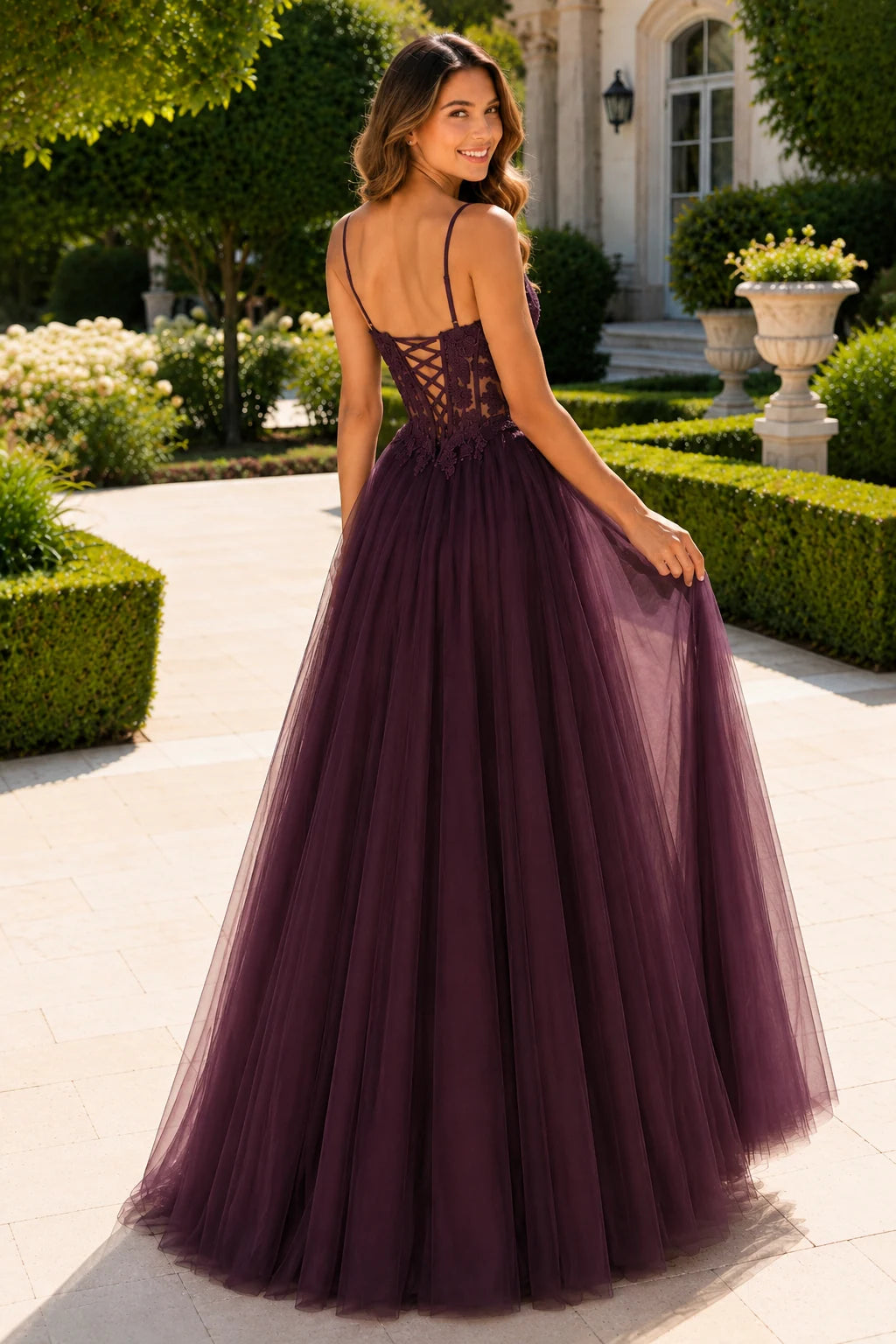 Solara Sweetheart Corset Tulle Ball Gown Prom Dress in Deep Plum prom gown, back view