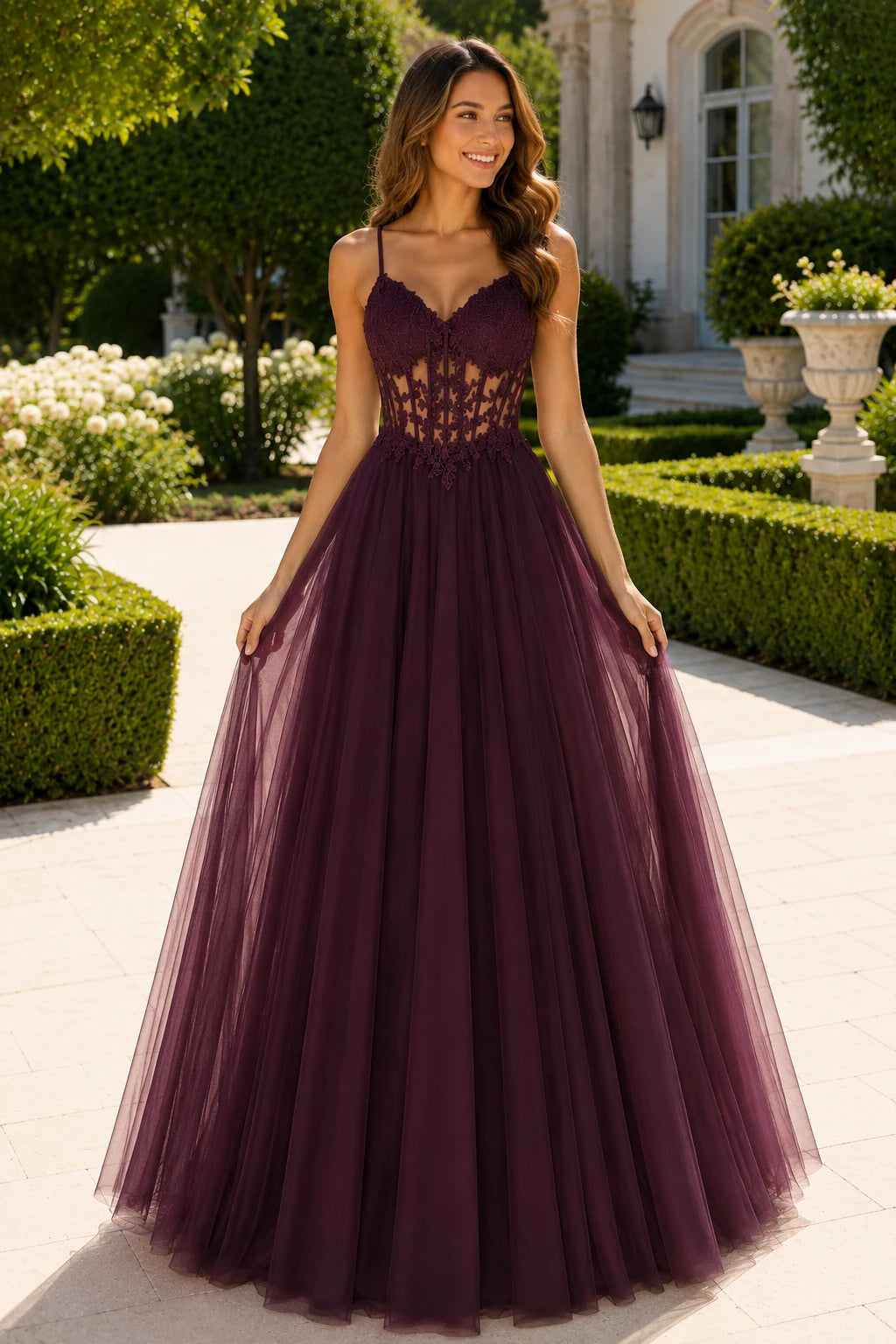 Solara Sweetheart Corset Tulle Ball Gown Prom Dress in Deep Plum prom gown, front view