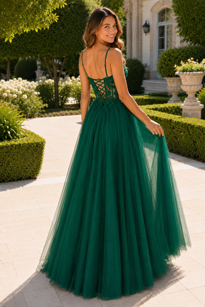 Solara Sweetheart Corset Tulle Ball Gown Prom Dress in Emerald Green prom gown, back view