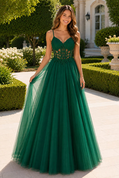 Solara Sweetheart Corset Tulle Ball Gown Prom Dress in Emerald Green prom gown, front view