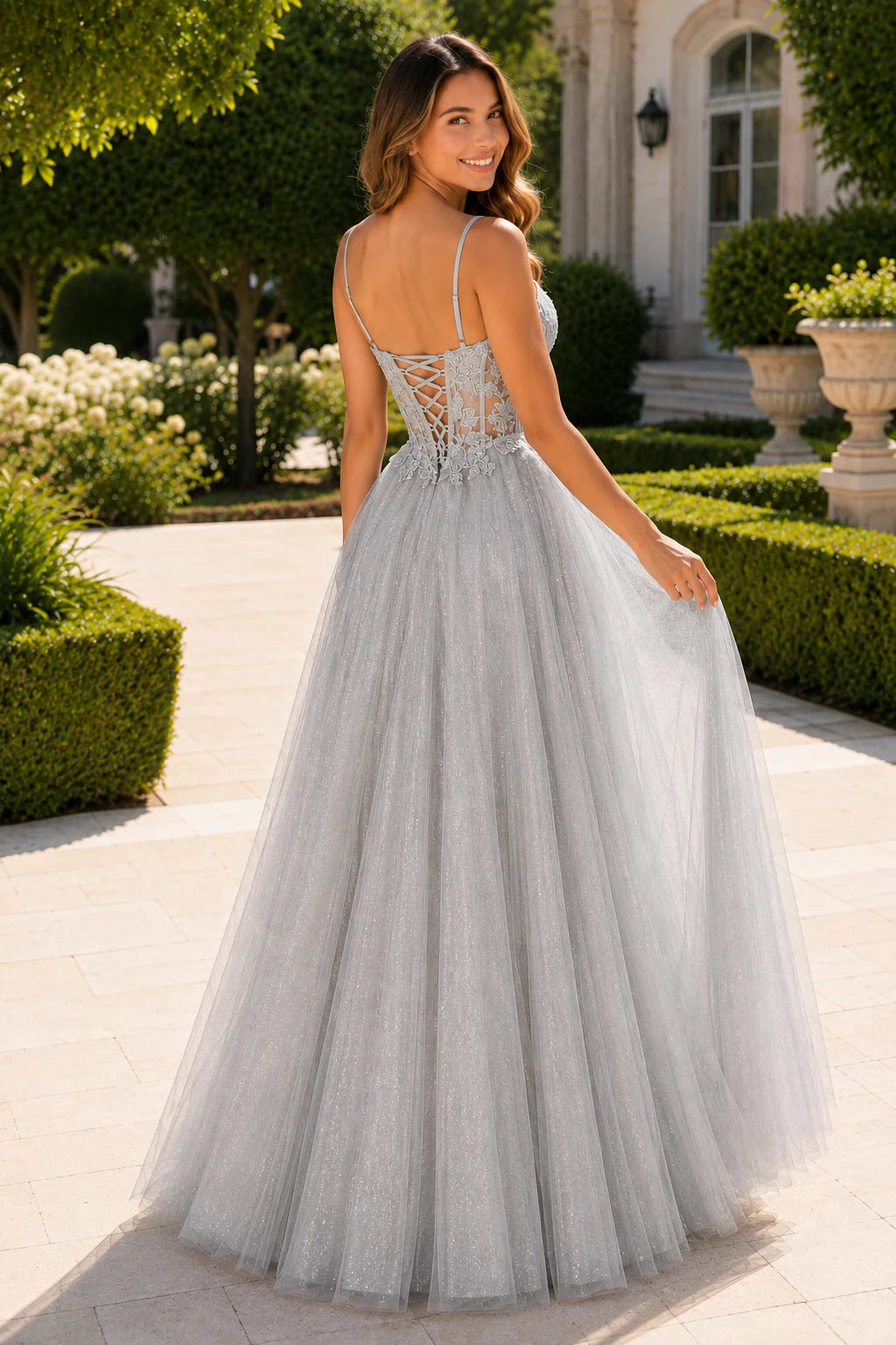 Solara Sweetheart Corset Tulle Ball Gown Prom Dress in Metallic Silver prom gown, back view