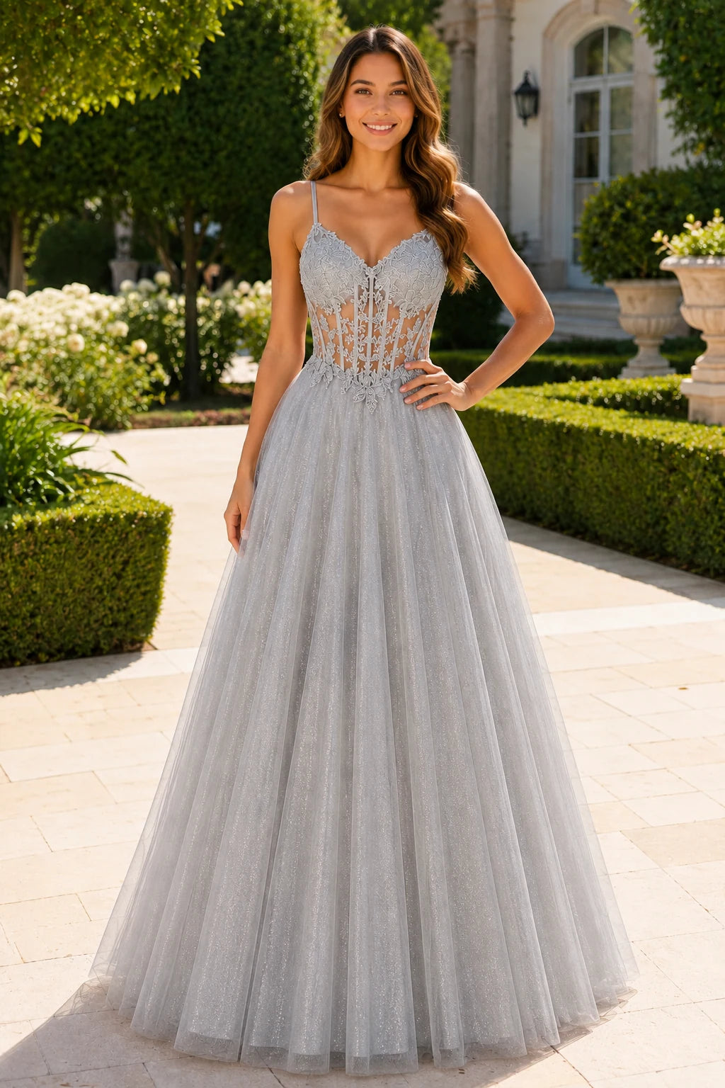 Solara Sweetheart Corset Tulle Ball Gown Prom Dress in Metallic Silver prom gown, front view