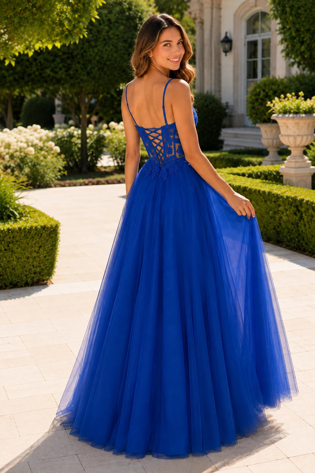 Solara Sweetheart Corset Tulle Ball Gown Prom Dress in Royal Blue prom gown, back view