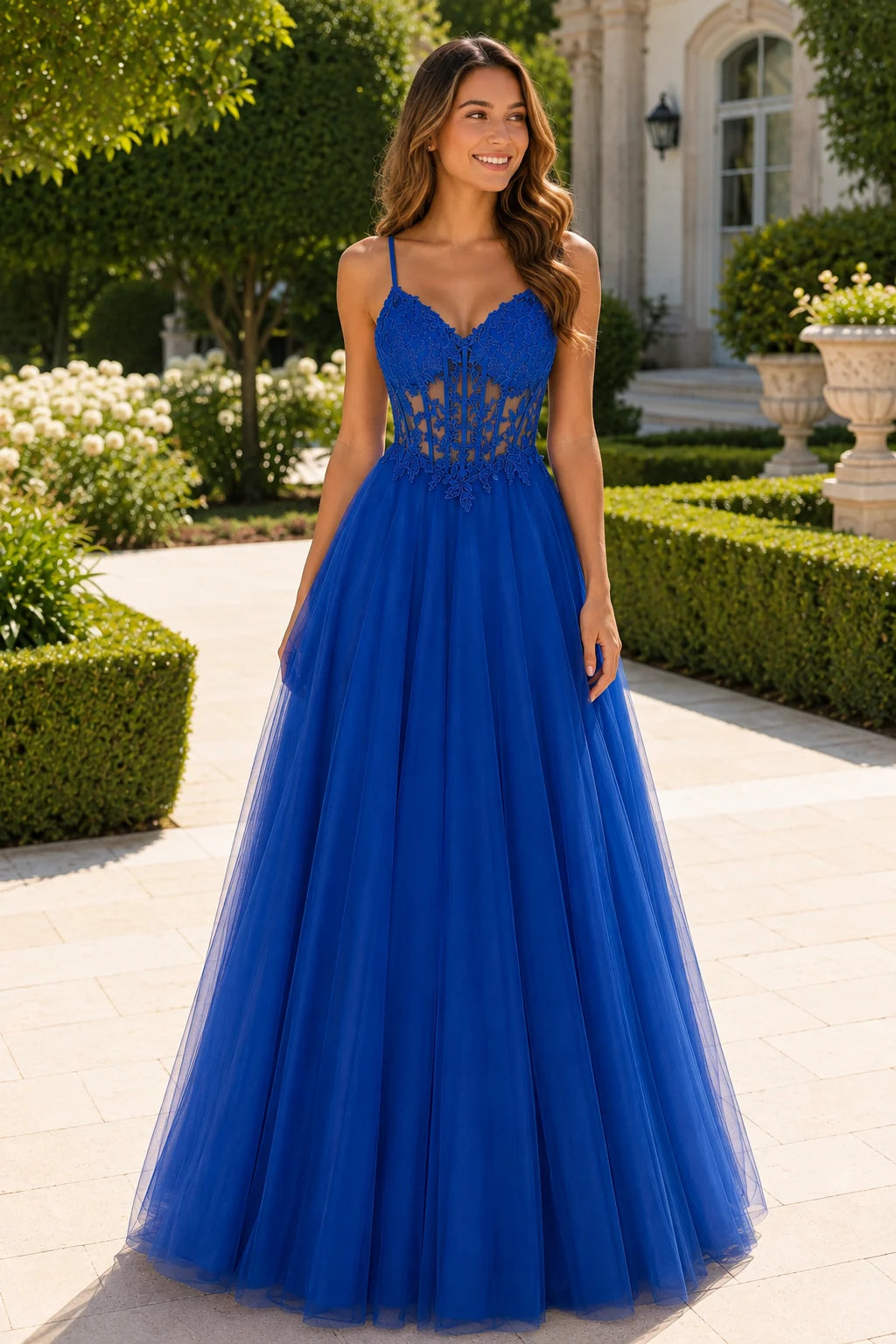 Solara Sweetheart Corset Tulle Ball Gown Prom Dress in Royal Blue prom gown, front view