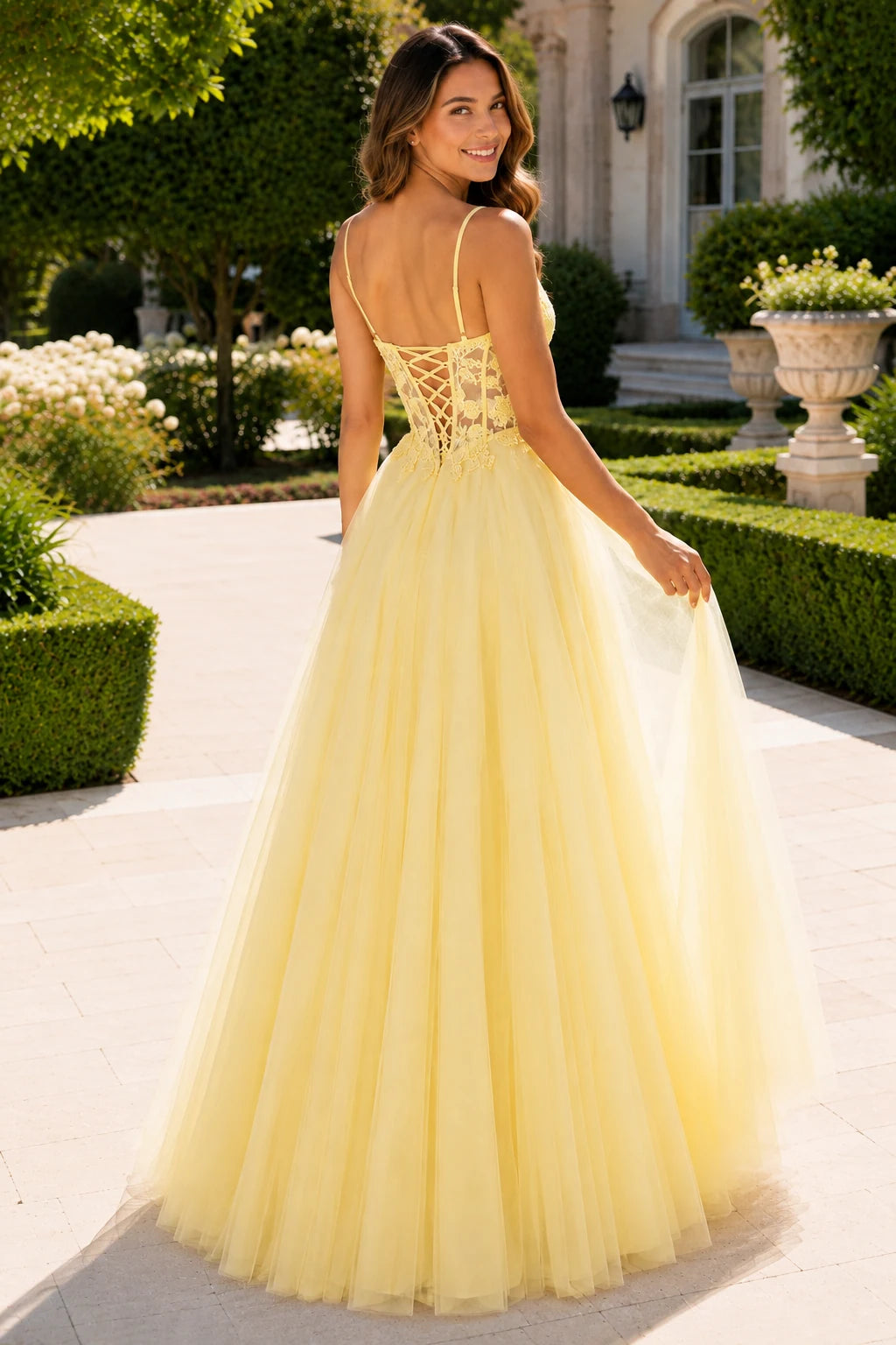 Solara Sweetheart Corset Tulle Ball Gown Prom Dress in Yellow prom gown, back view